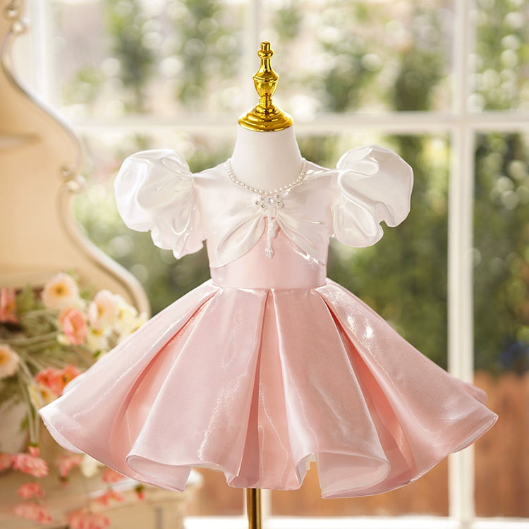 Cute Baby Girl Pink Flower Girl Wedding Puff Sleeve Bow Dress Toddler First Communion Dress