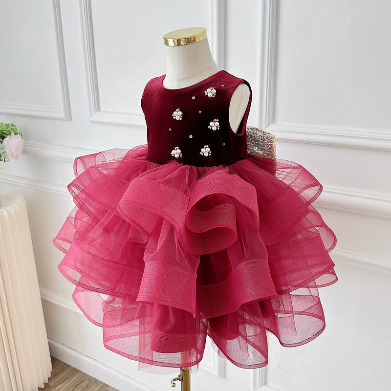 Girls Wine Red Velvet Dress Luxury Cake Dress Toddler Birthday Dress Girls Wine Red Velvet Dress Luxury Cake Dress Toddler Birthday Dress
