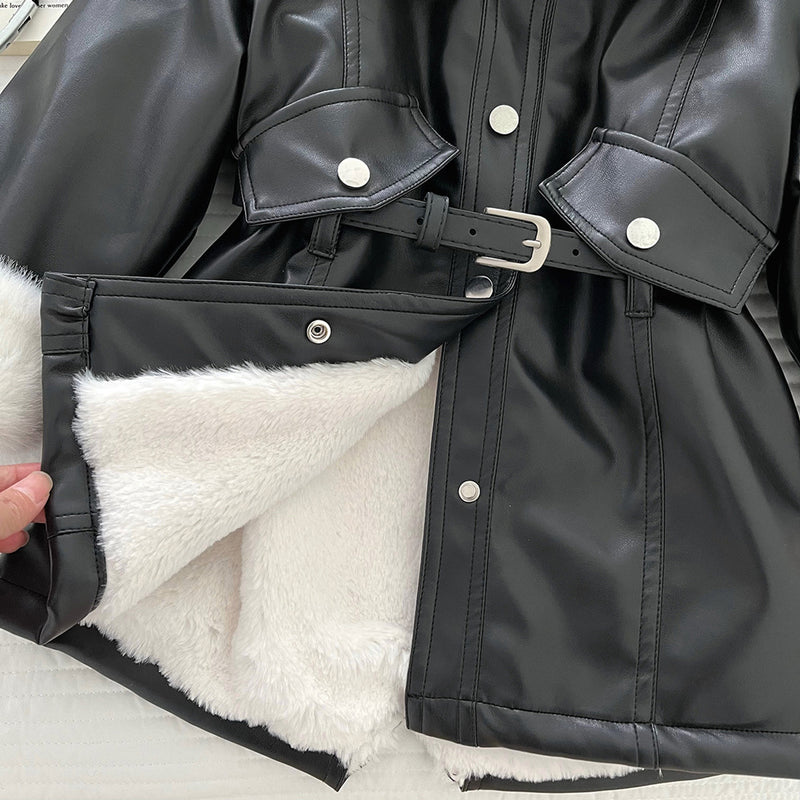 Girls' Winter Slim Fit Warm PU Leather Soft Coat