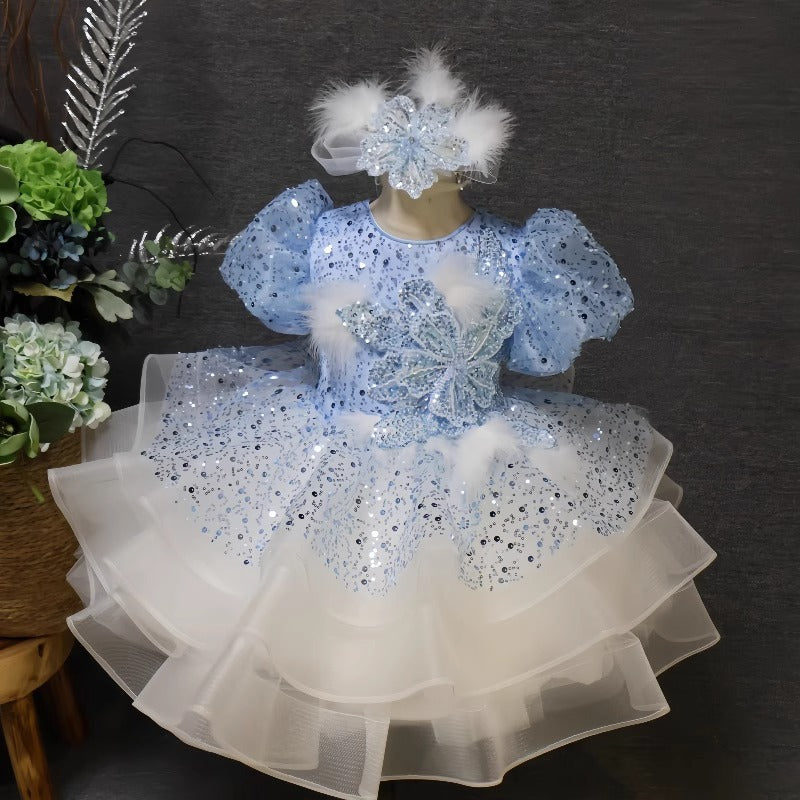 Girls Birthday Blue Dress Girls Party Puffy Princess Dress