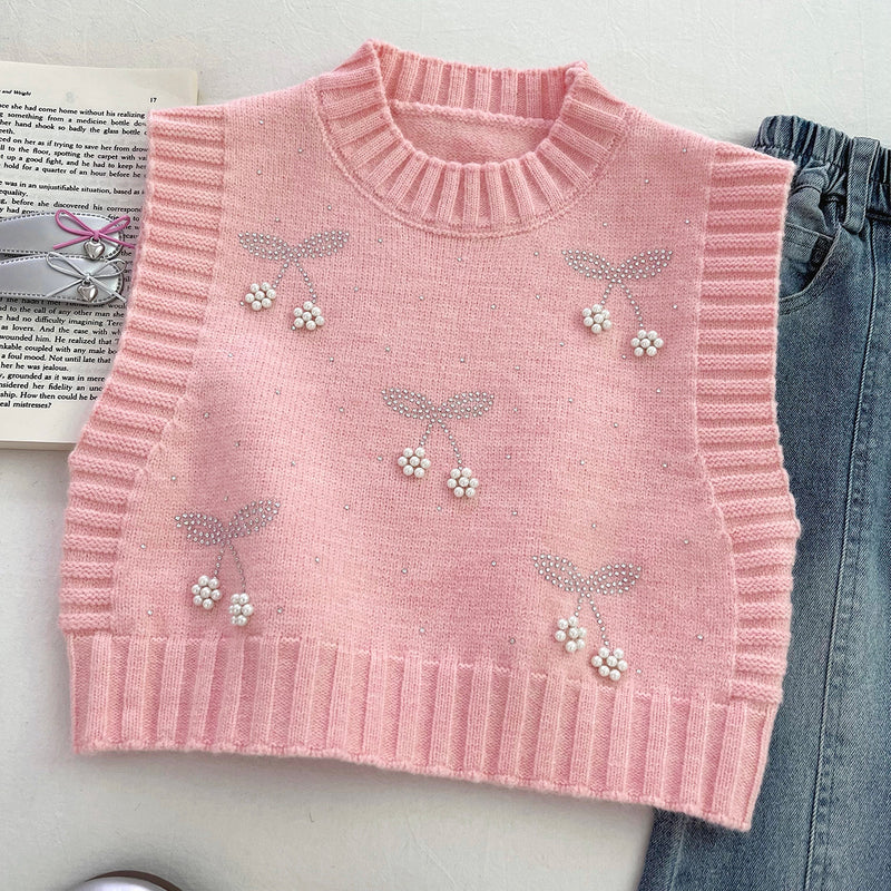 Girls' Beaded Shirt Knitted Vest Flared Jeans Three-Piece Set