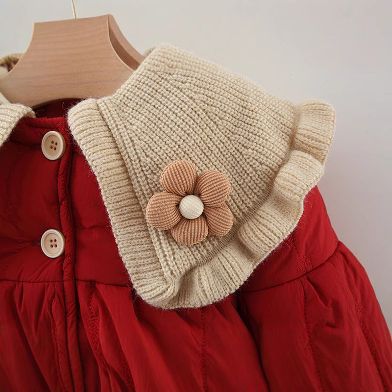 Girls' Winter Floral Lapel Collared Cotton Coat