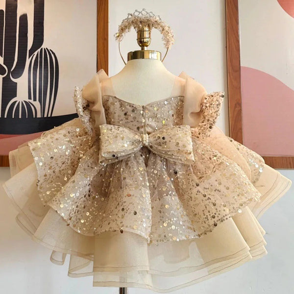 Flower Girl Elegant Sequin Dress Girls Birthday Tulle Bow Princess Dress