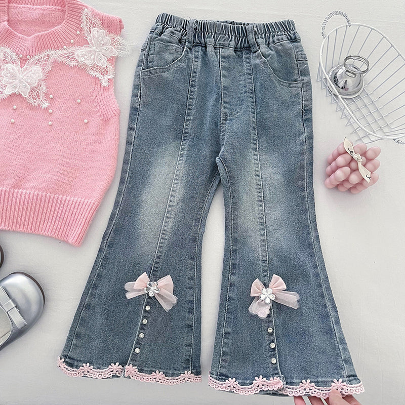 Girls' Knitted Vest Shirt and Jeans Three-Piece Set
