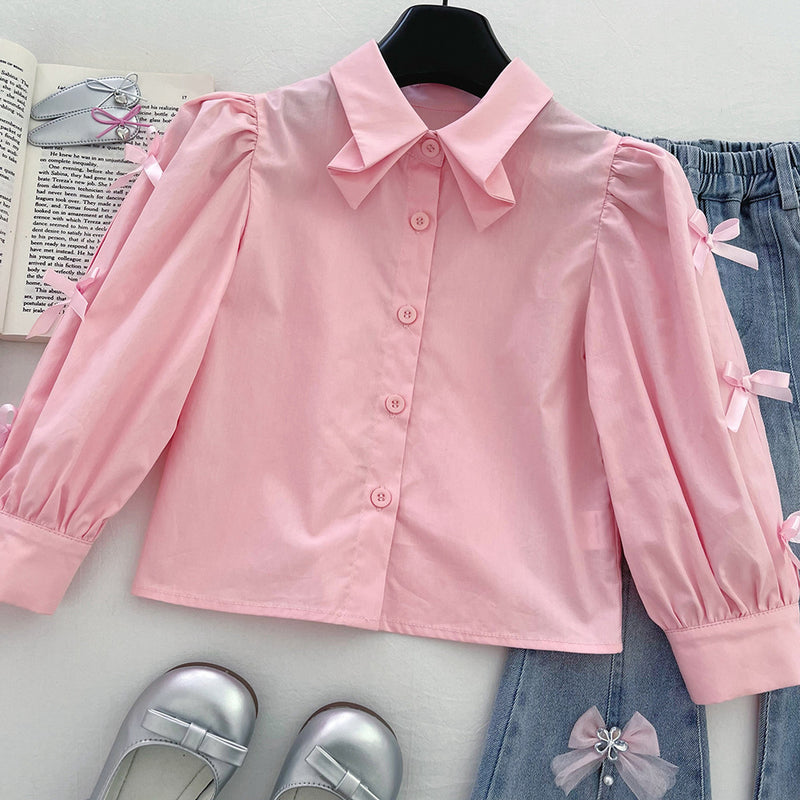 Girls' Shirt Knitted Vest and Flared Jeans Three-Piece Set