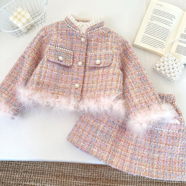 Girls New Winter Warm Coat and Skirt Two-piece Set