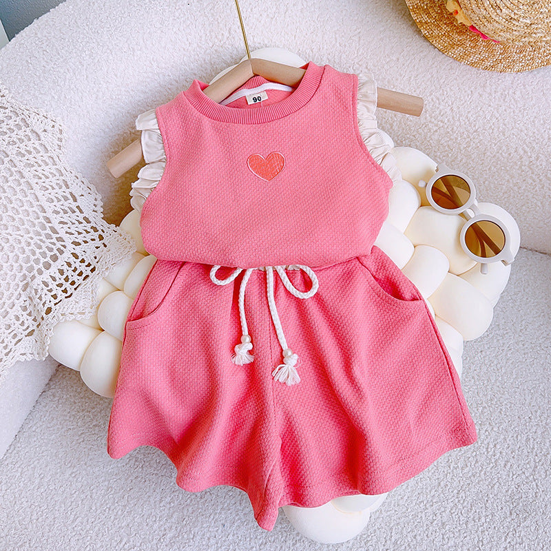 Girls Pink Love Sleeveless Short-sleeved Casual Shorts Two-piece Set