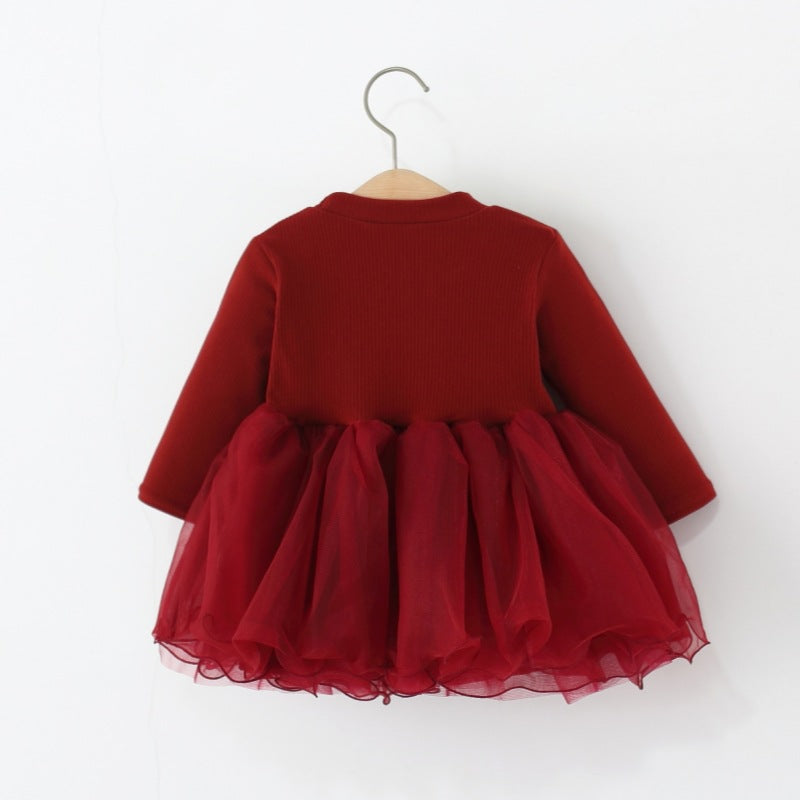 Girls Autumn Beaded Bow Mesh Princess Dress