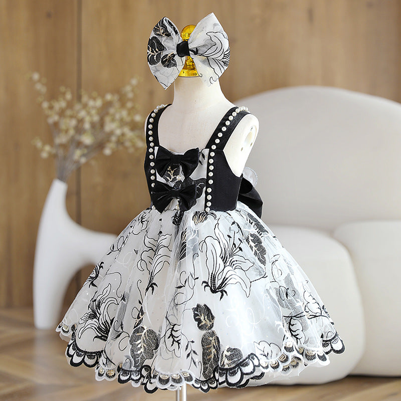 Flower Girl Formal Dress Black Bow Lace Princess Dress