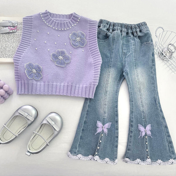 Girls' Beaded Flower Knitted Vest Shirt and Jeans Three-Piece Set