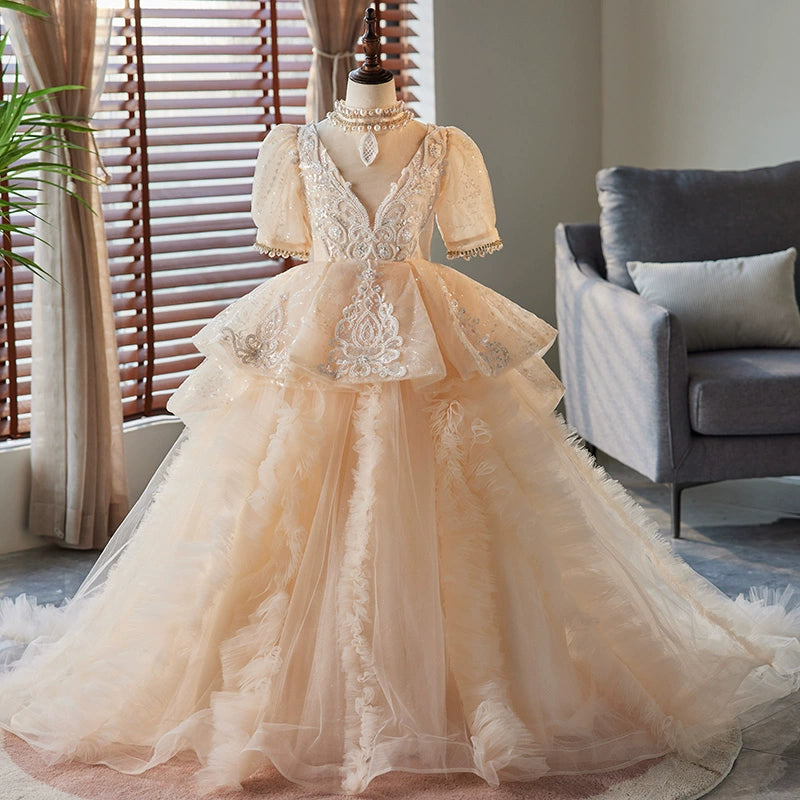Elegant Baby Girls Champagne Puff Sleeve Patterned Mesh Puffy Tail Pr marryshe Elegant Baby Girls Champagne Puff Sleeve Patterned Mesh Puffy Tail Pr marryshe