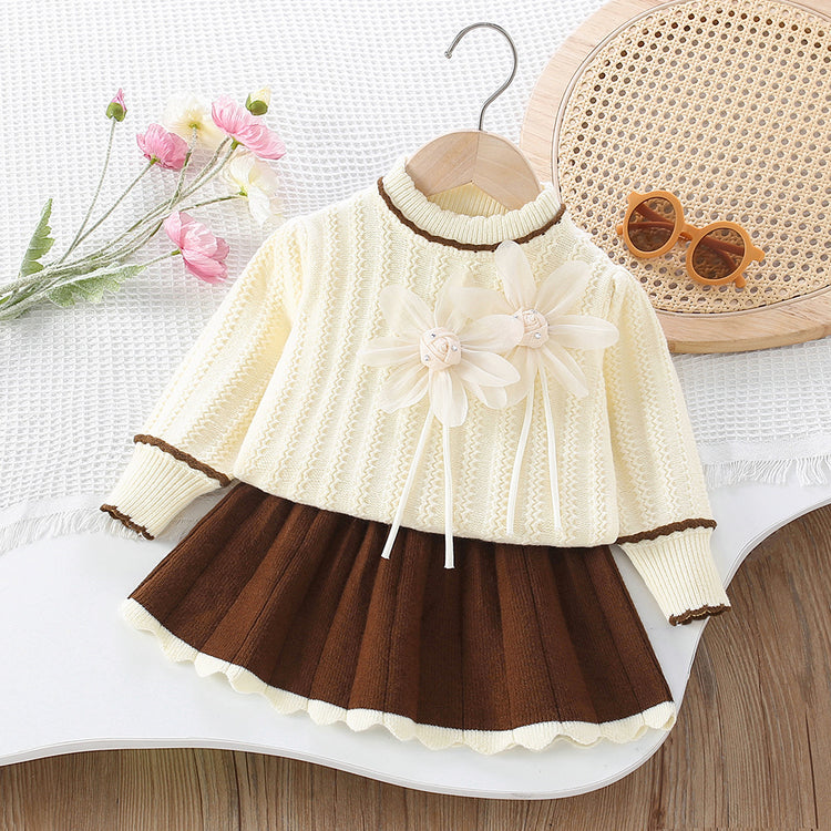 Girls' New 3D Flower Pullover Knitted Skirt Two-piece Suit