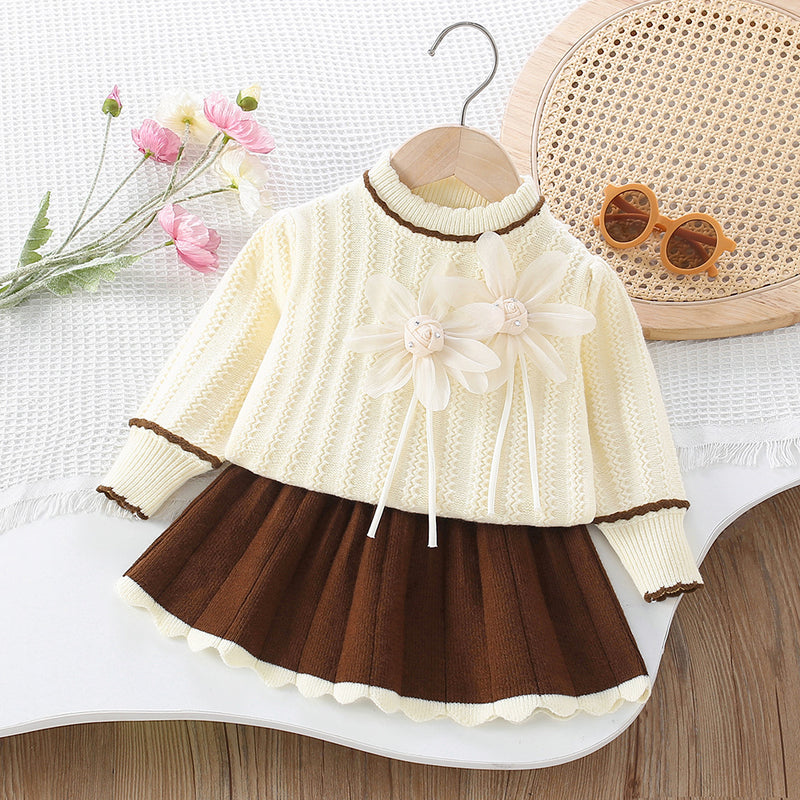 Girls' New 3D Flower Pullover Knitted Skirt Two-piece Suit