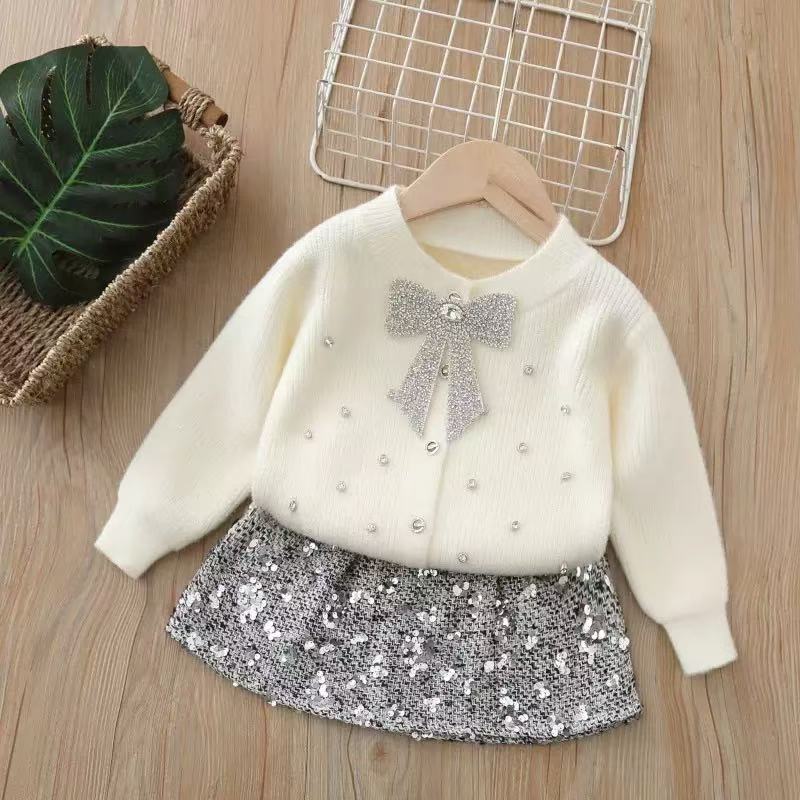 Girls' Rhinestone Bow Knitted Cardigan and Skirt Two-Piece Set