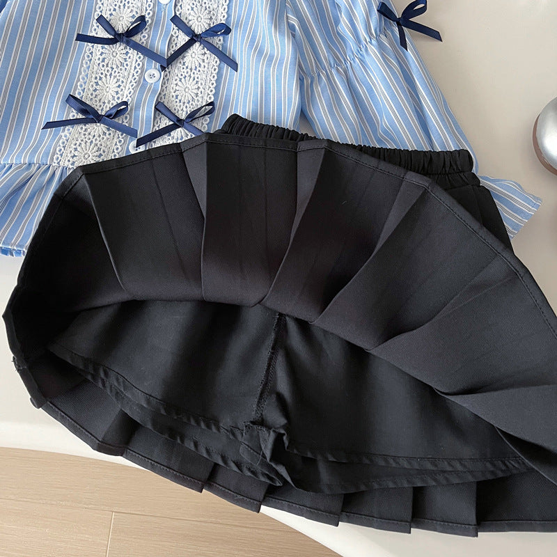 Girls' Autumn New Bow Striped Shirt Pleated Skirt Two-piece Suit