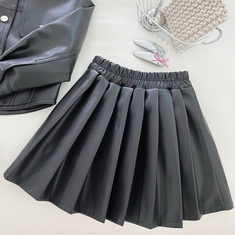 Girls' Autumn Soft PU Leather Short Skirt Two-Piece Set