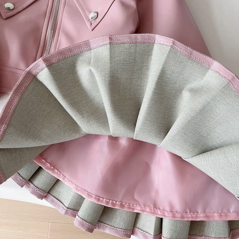 Girls Autumn Pu Leather Jacket Pleated Skirt Two-piece Suit