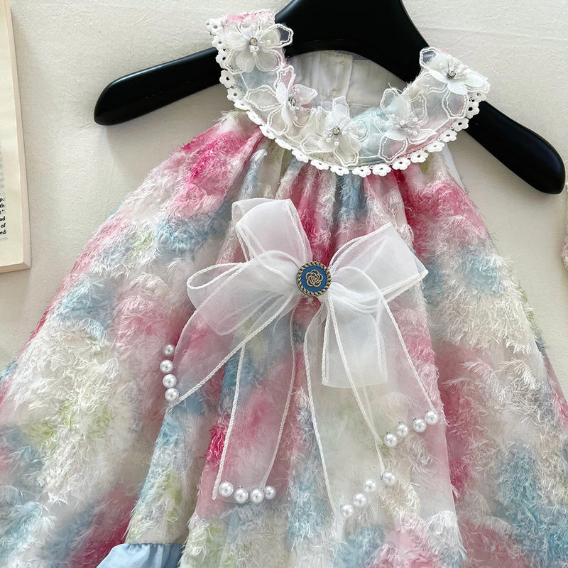 Girls Summer New Stitching Bow Halter Neck Princess Dress