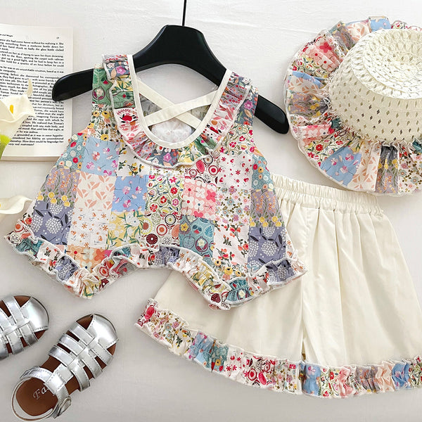 Baby Girl Summer Thin Sleeveless Hollow Backless Top Lace Shorts Two-piece Set