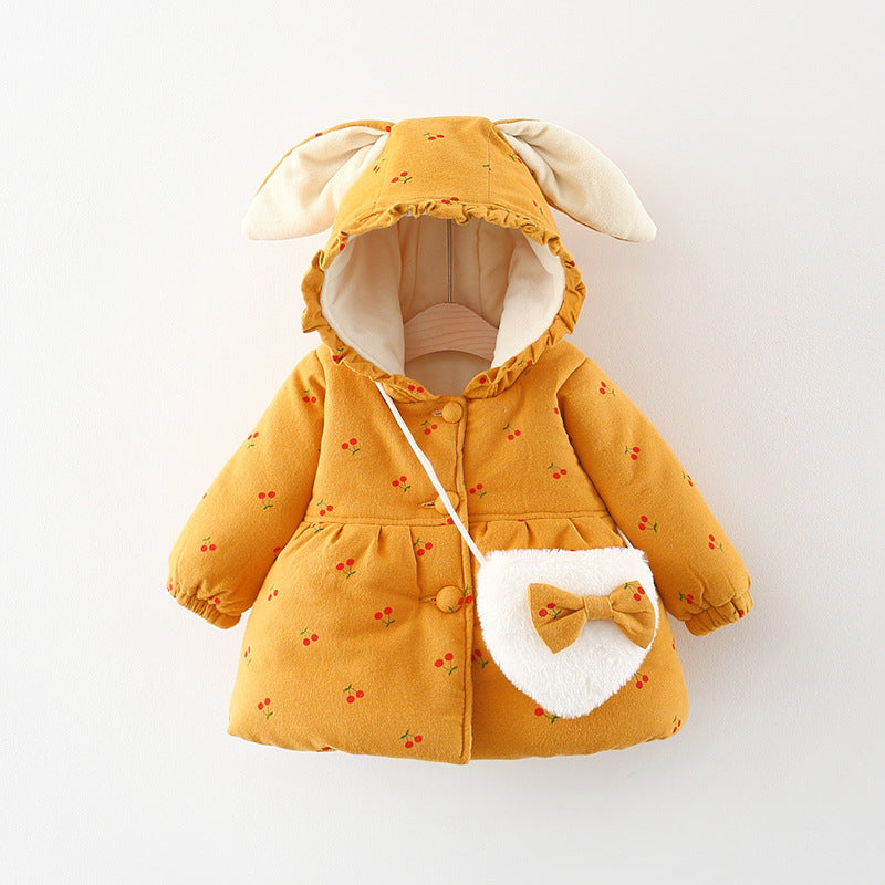 Girls' Winter Printed Bunny Ear Cotton Coat