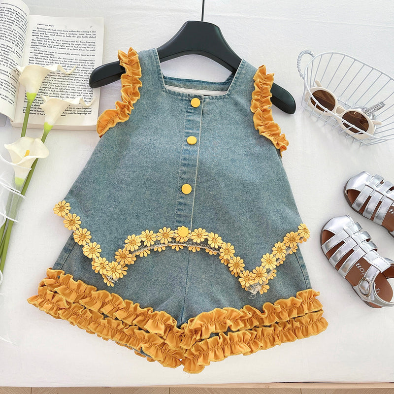 Girls' Summer Denim Hollow Back Bow Sleeveless Top and Shorts Two-piece Set