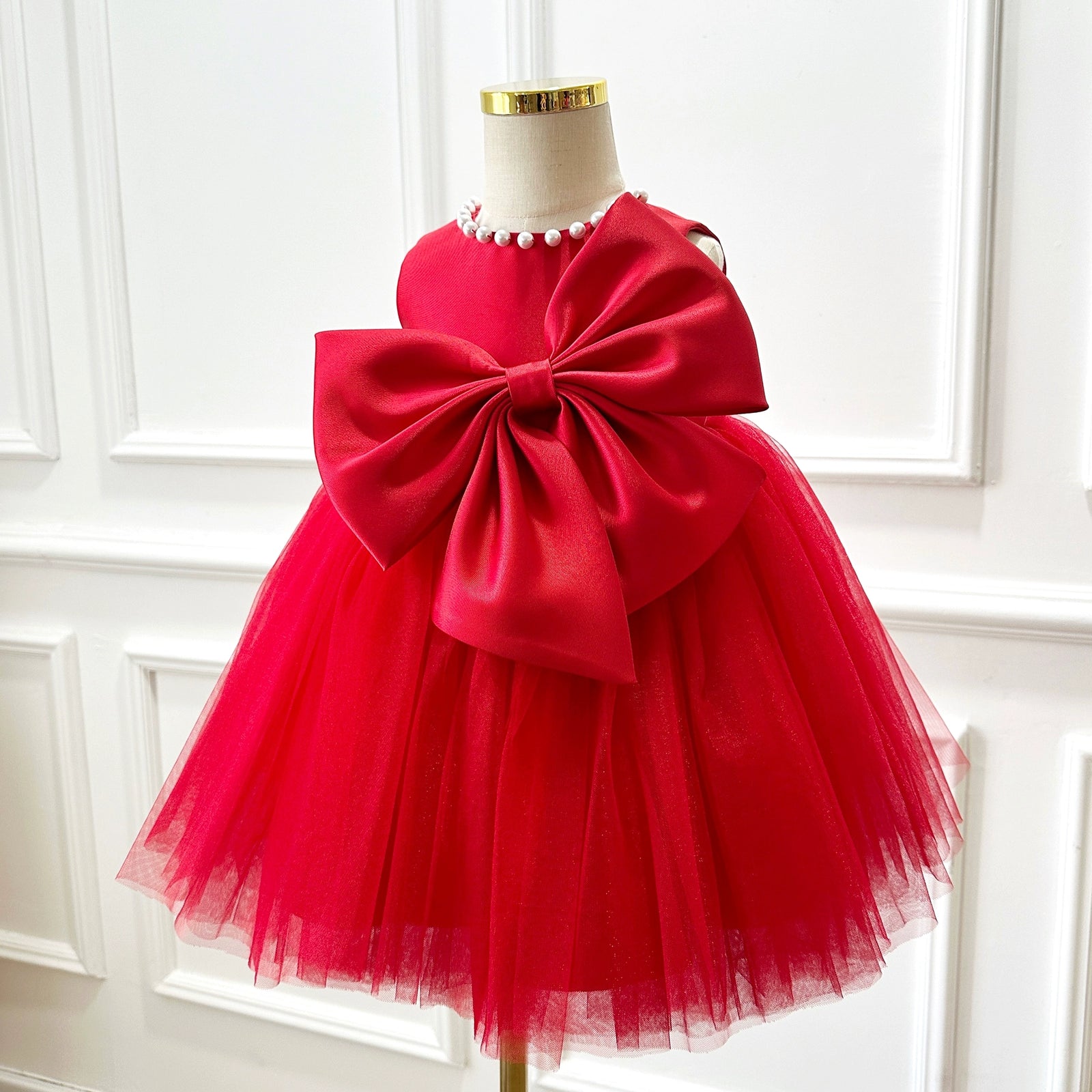 Girls Bow Dress Baby Girl One-year-old Princess Dress Red Birthday Party Dress