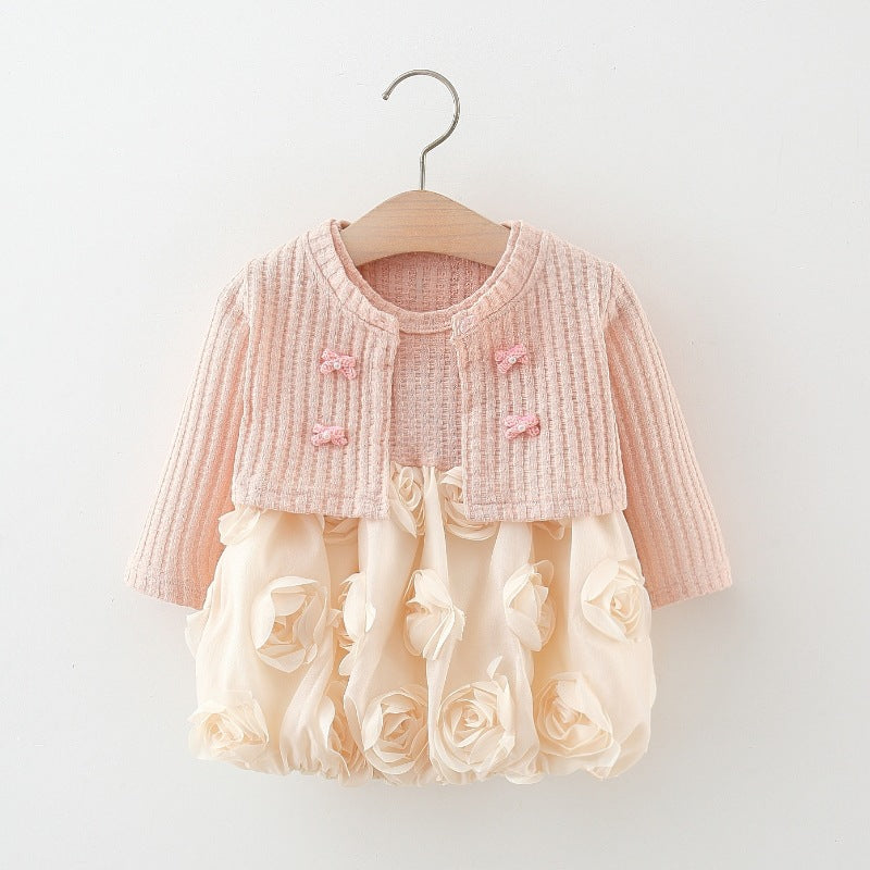 Girls Knitted Cardigan Rose Bud Princess Skirt Two-Piece Set