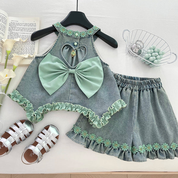 Girls' Summer Halter Neck Backless Top and Shorts Two-piece Set