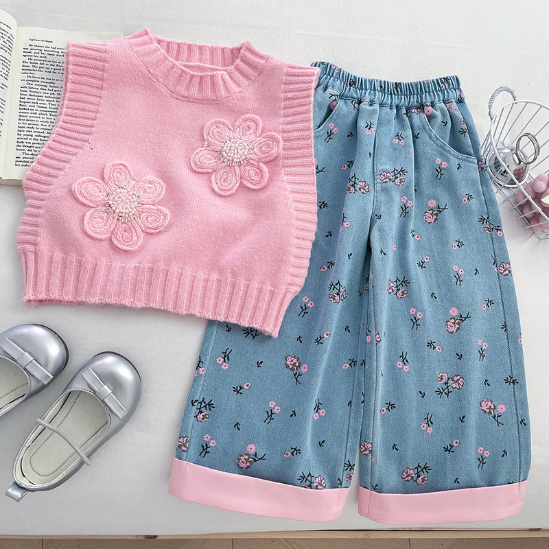 Autumn Girls Knitted Vest Shirt Printed Jeans Three-Piece Set