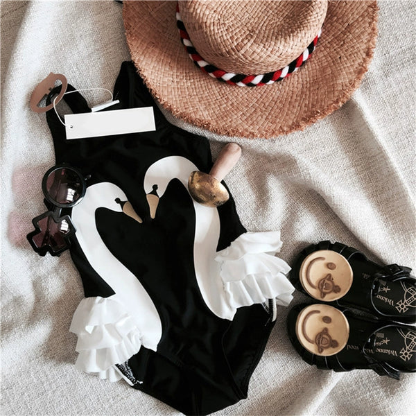 Girls Princess Cute One-Piece Swan Swimsuit