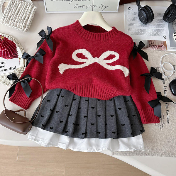 Girls Bowknot Long-sleeved Knitted Sweater Skirt Two-Piece Set