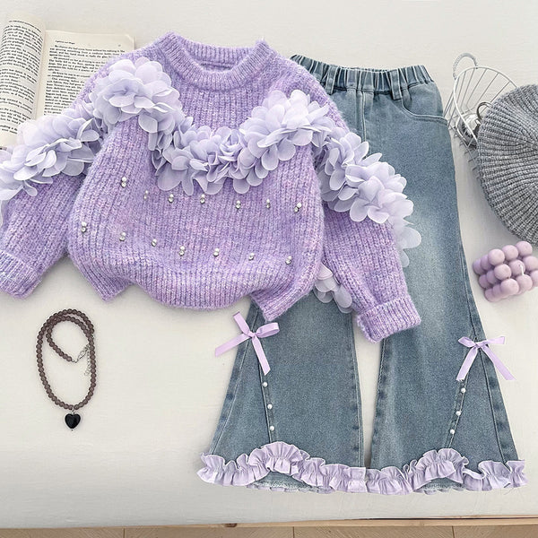 Girls' 3D Flower Beaded Sweater and Flared Jeans Two-Piece Set