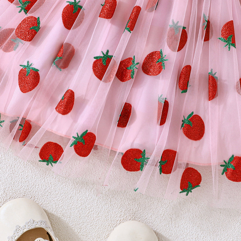 Summer New Girls Cute Strawberry Pattern Mesh Dress