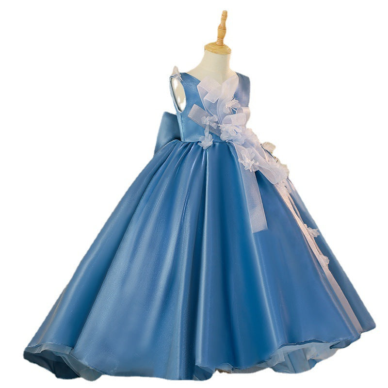 Elegant Baby Girls Blue Sleeveless Puff Princess Dress Toddler Birthday Trailing Party Dresses