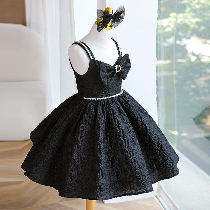 Baby Girl Dress Toddler Birthday Party Pageant Black Pearl Fluffy Sleeveless Dress