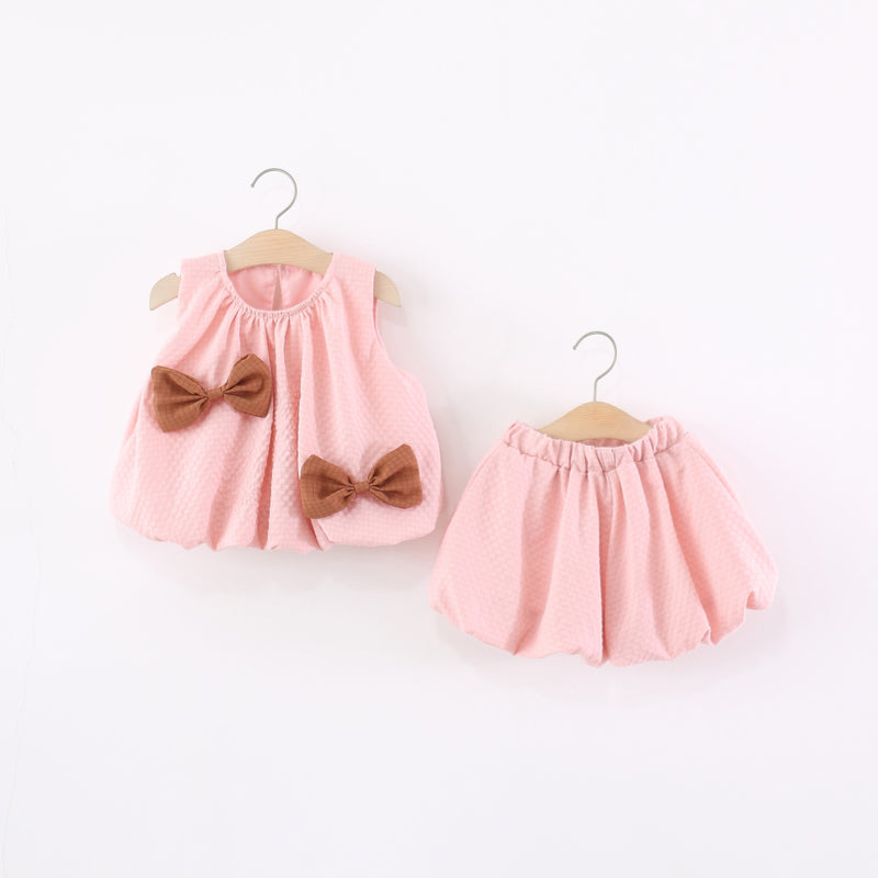 Summer Girls Bowknot Sleeveless Top Bloomer Shorts Two-piece Set