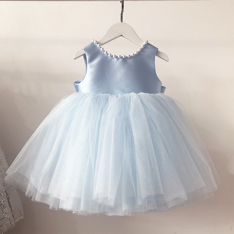 Summer  Baby Flower Girl Blue V-neck Dress Toddler Birthday Party Dress