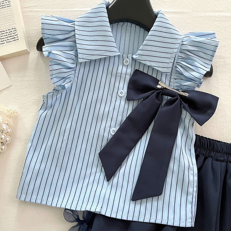 Girls Summer New Bow Striped Shirt Top Shorts Two-piece Set