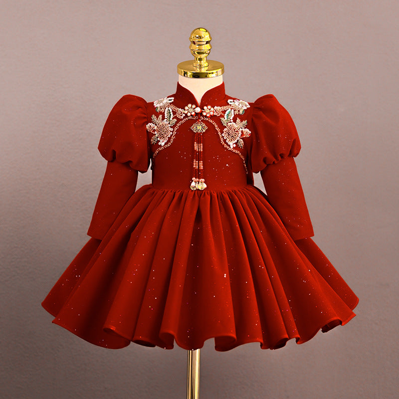 Baby Girl Birthday Dress Girl Party Cheongsam Long Sleeve Princess Dress