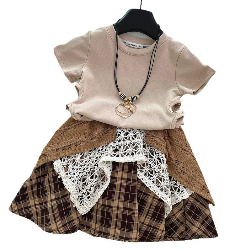 Girls' Summer Ripped T-shirt Irregular Plaid Skirt Two-Piece Set