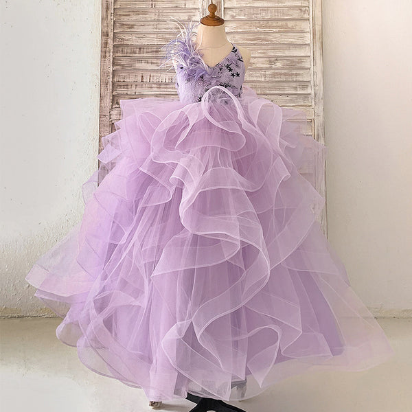 Elegant Baby Girls Purple Lace Mesh Strap Princess Dress Toddler Performance Puff Dress