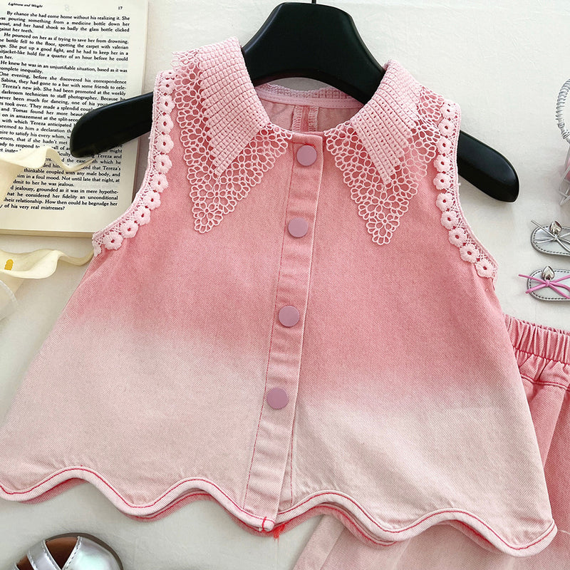Girls' New Summer Lace Sleeveless Denim Top and Shorts Two-piece Set