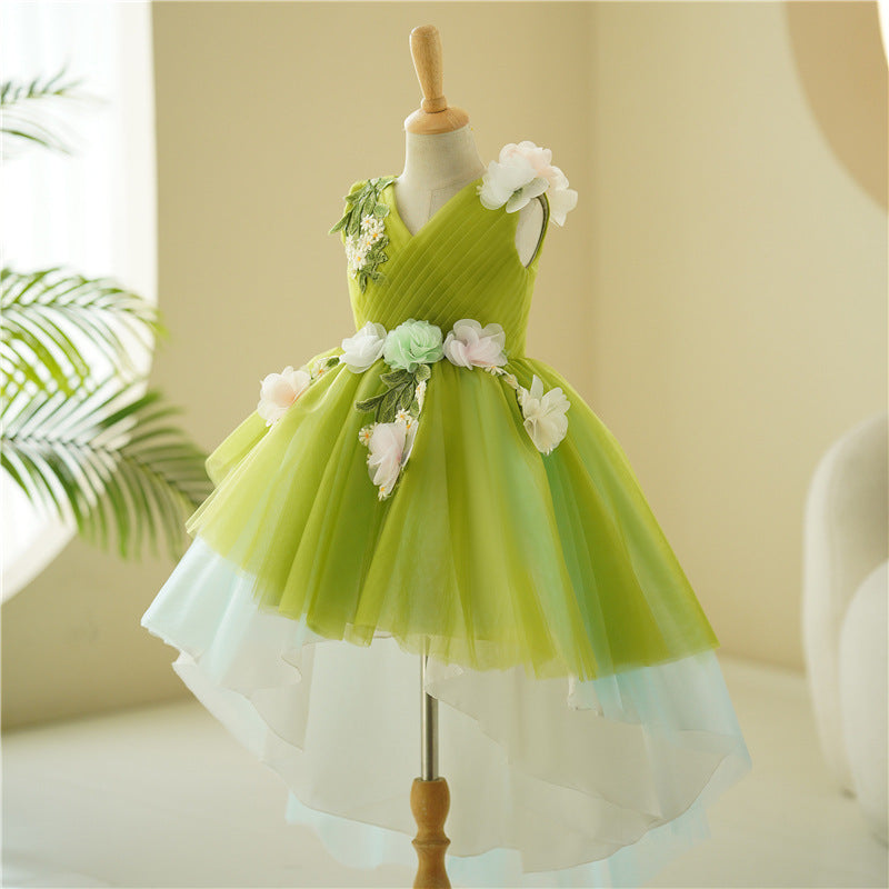 Summer Girls Flowers Green Sleeveless Mesh Princess Dress