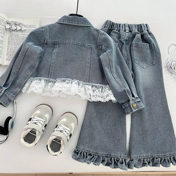 Girls' Lace Denim Jacket and Flared Jeans Two-Piece Set