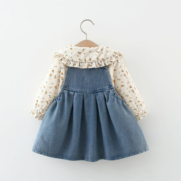 Cute Girls Autumn Denim Fake Two Piece Princess Dress