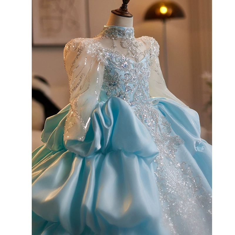 Girls Blue Sequined Dress Flower Girl Wedding Dress Puffy Princess Dress