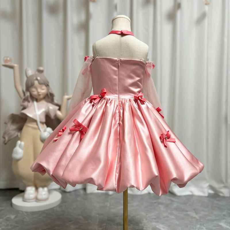 Girls Pink Birthday Princess Dress Children's Party Suspender Dress
