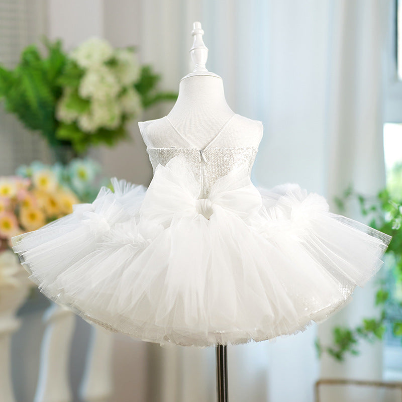 Girls White Birthday Princess Dress Flower Girl Wedding Sequin Dress