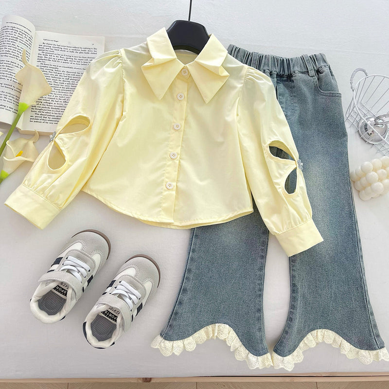 Girls' Autumn Shirt Knitted Vest Flared Pants Three-Piece Set