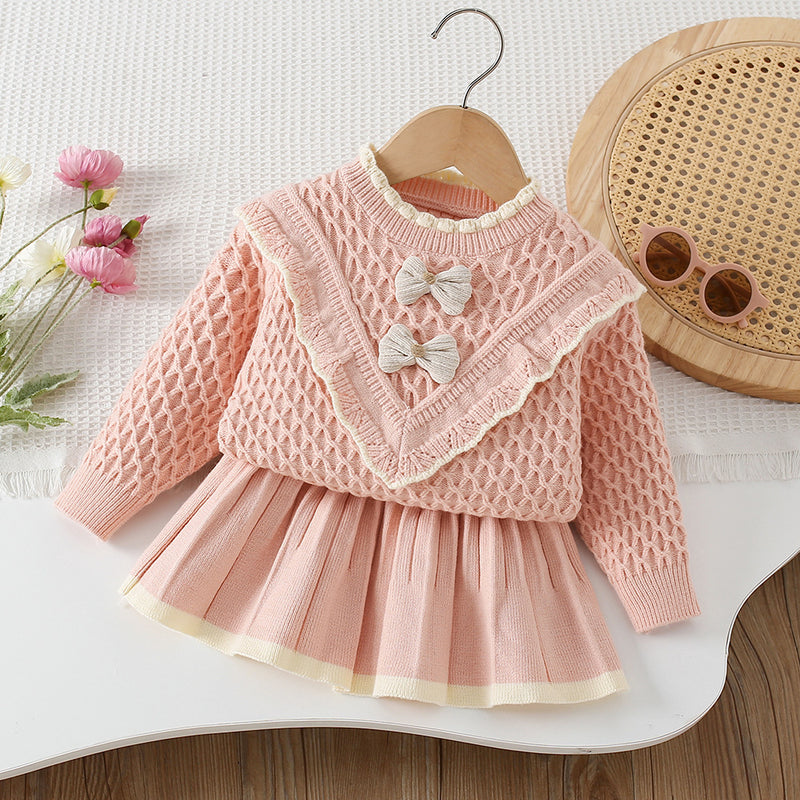 Girls' Wool Bow-knit Short Skirt Two-piece Set